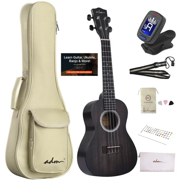 ADM Concert Mahogany Ukulele Package, 23 inch, Matte Black